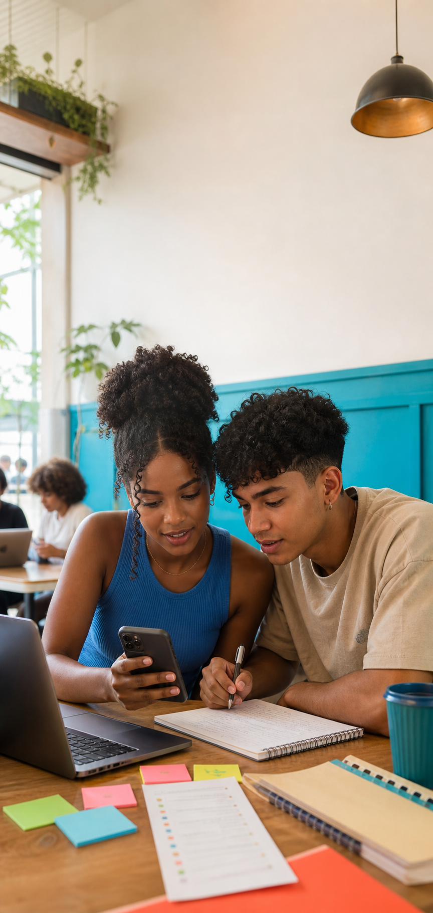 Duas pessoas estudando juntas em uma mesa de trabalho